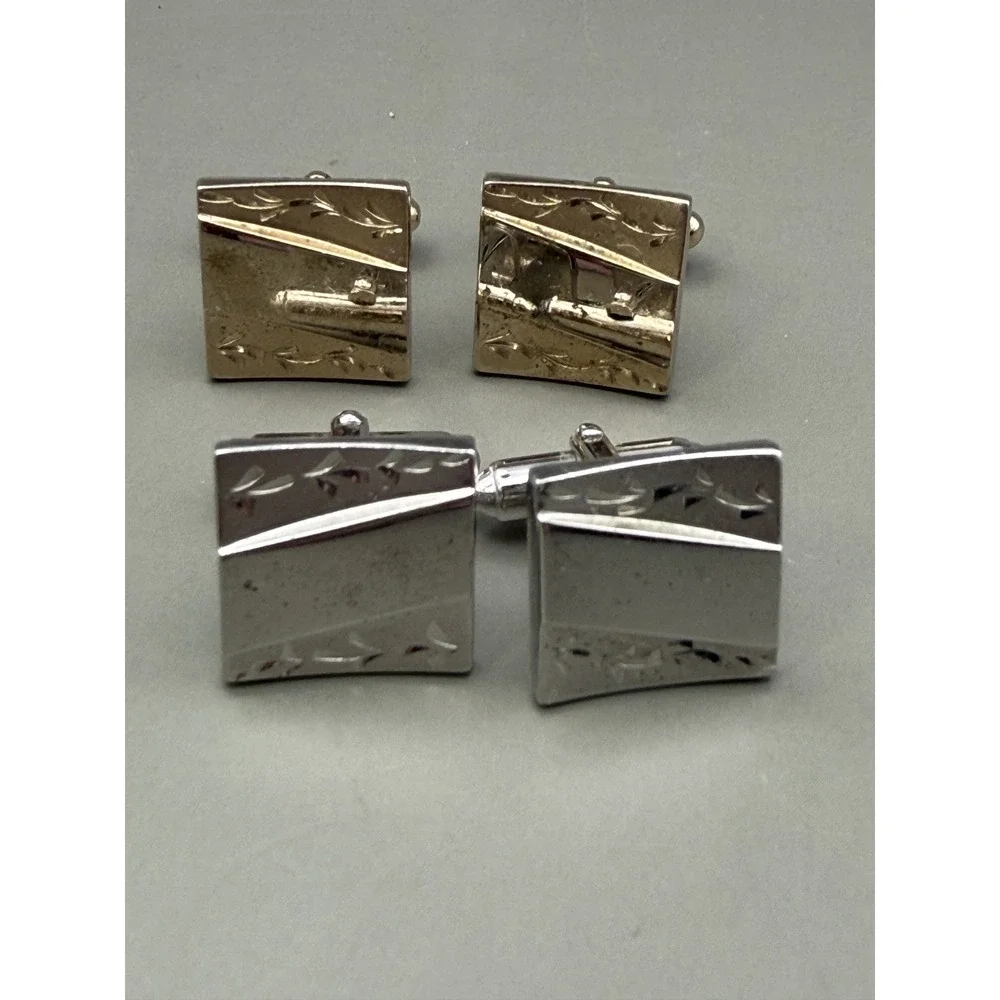 Anson Cufflinks Lot 2 Pair Mens Gold Silver Tone Etched Rectangular Bullet Back